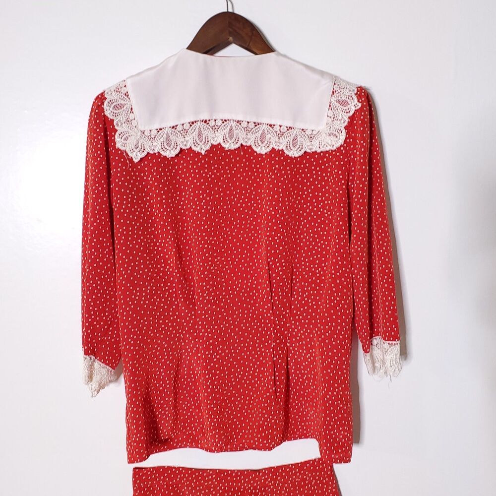 80s 70s Vintage Polka-Dot Lace Shawl Collar Skirt Set 2 Piece - Picture 5 of 15